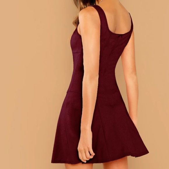Square neck solid tank swing skater dress maroon - Picture 5 of 6